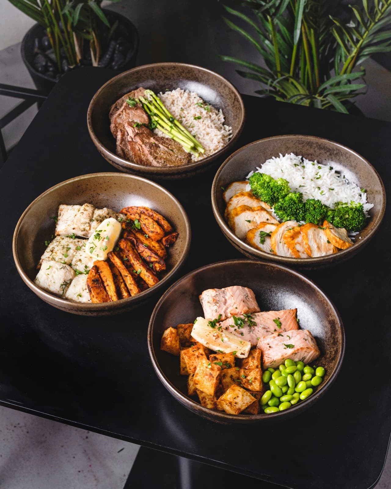 Vier voorbereide maaltijdbowls met kip, zalm, vis en rijst — een vangnet voor de dagen die niet volgens plan verlopen.