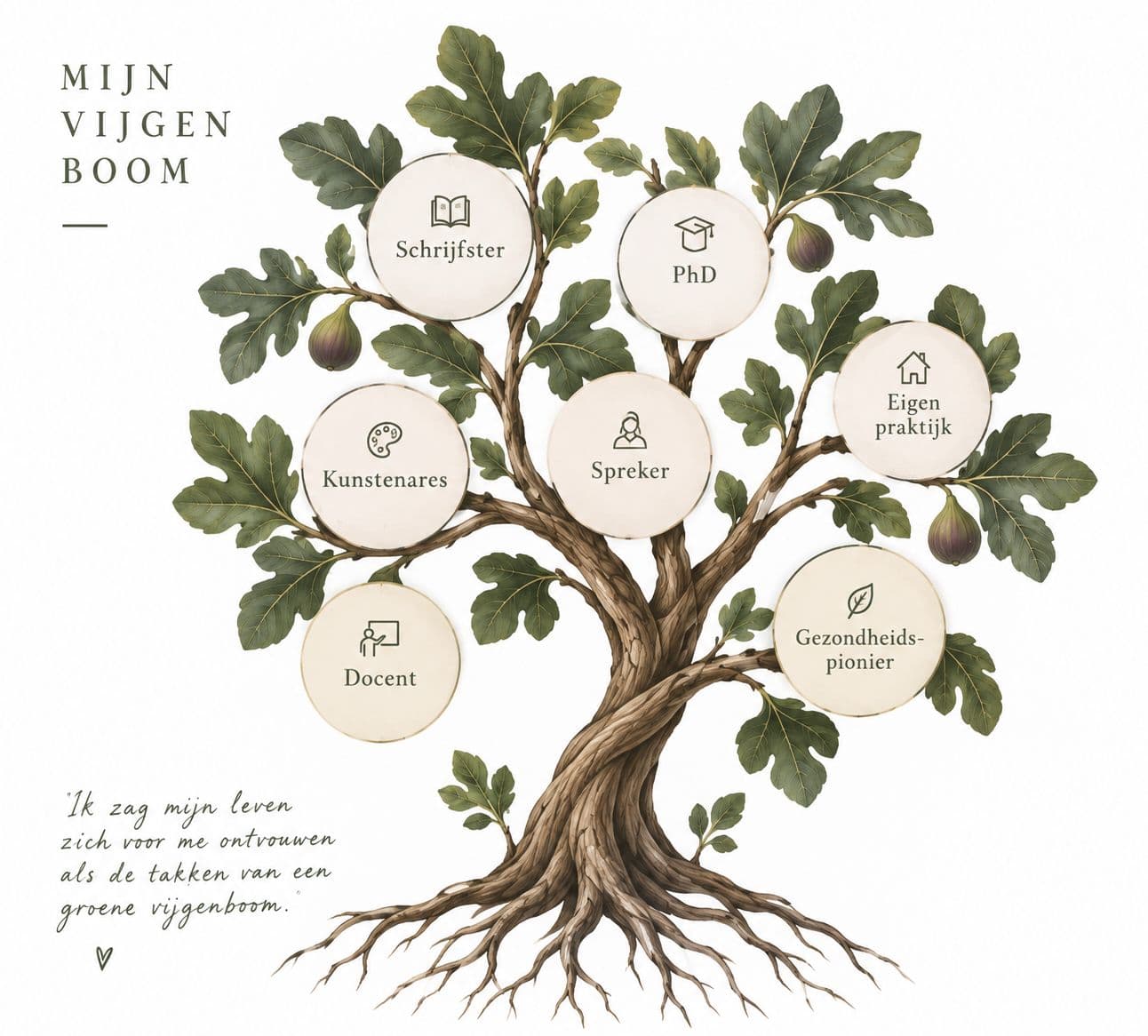Illustratie van Lily's vijgenboom, met takken voor schrijfster, PhD, kunstenares, spreker, eigen praktijk, docent en gezondheidspionier
